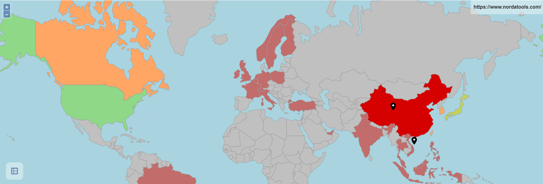 OKKI阿里独立站全球速度测试结果 世界地图